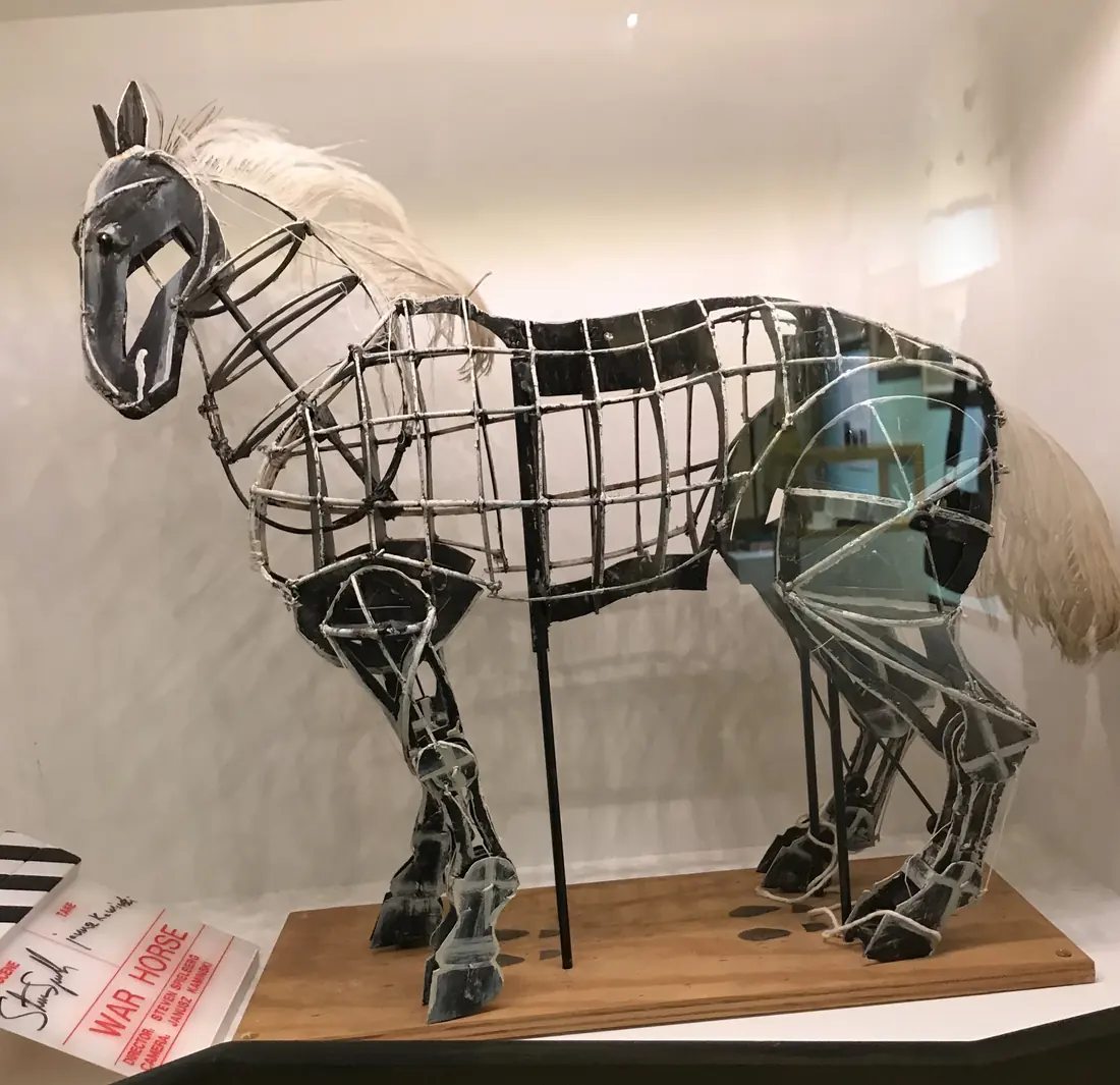 A scale model of the War Horse puppet Joey, a skeletal horse of cane and metal ribs in a glass case (a Handspring puppet, not part of Simunye)
